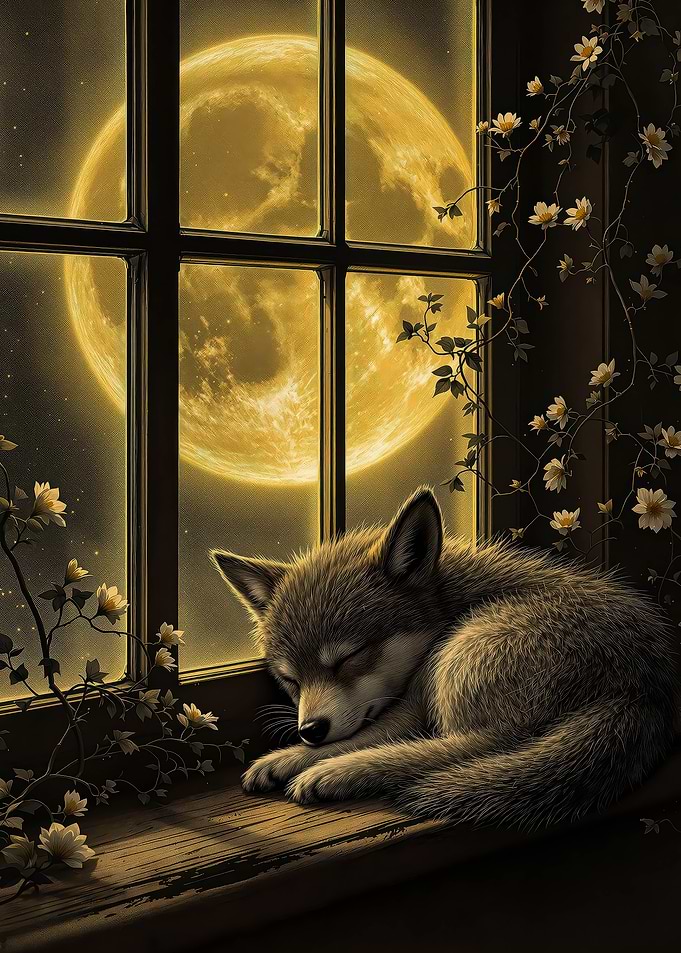 Wolf Pup Moonlit Window