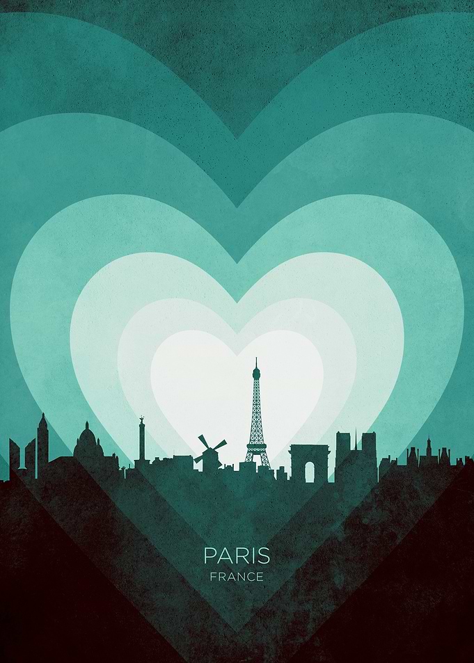 Paris France Skyline Hearts Teal