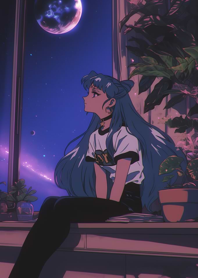 Anime Girl Gazing at Night Sky