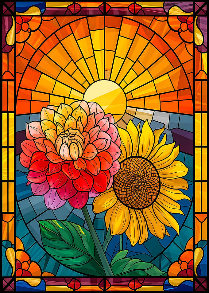 Beauty of Sunflower, Dahlia, & Sun in Stained Glass