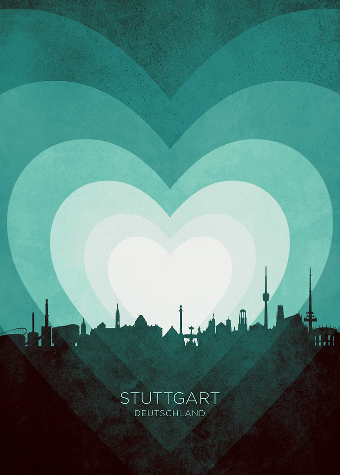 Stuttgart Germany Skyline Hearts Teal