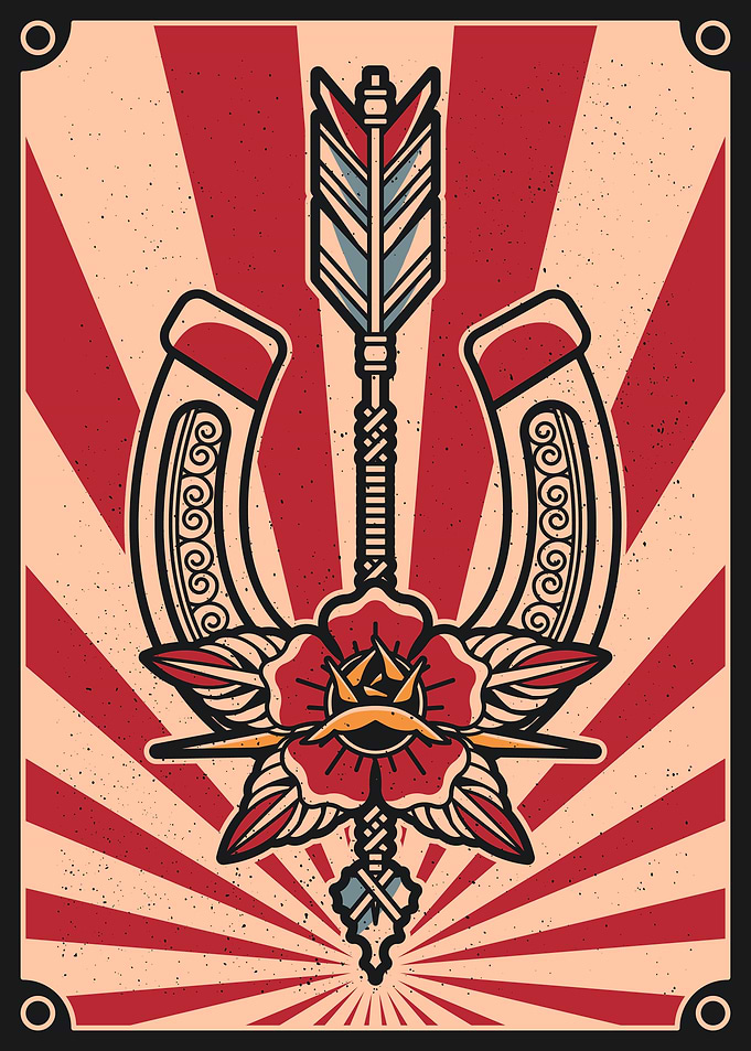 Horseshoe, arrow, and rose vintage art