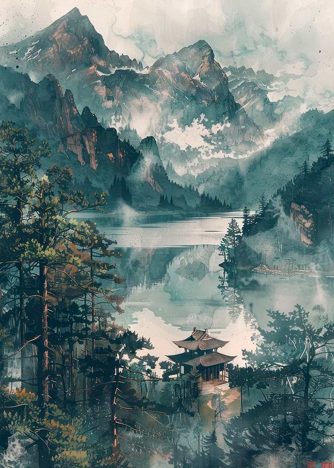 Japanese Art Print, painting of a lake, mountains and clouds, architecture paintings, serene faces, precision painting, green and gray