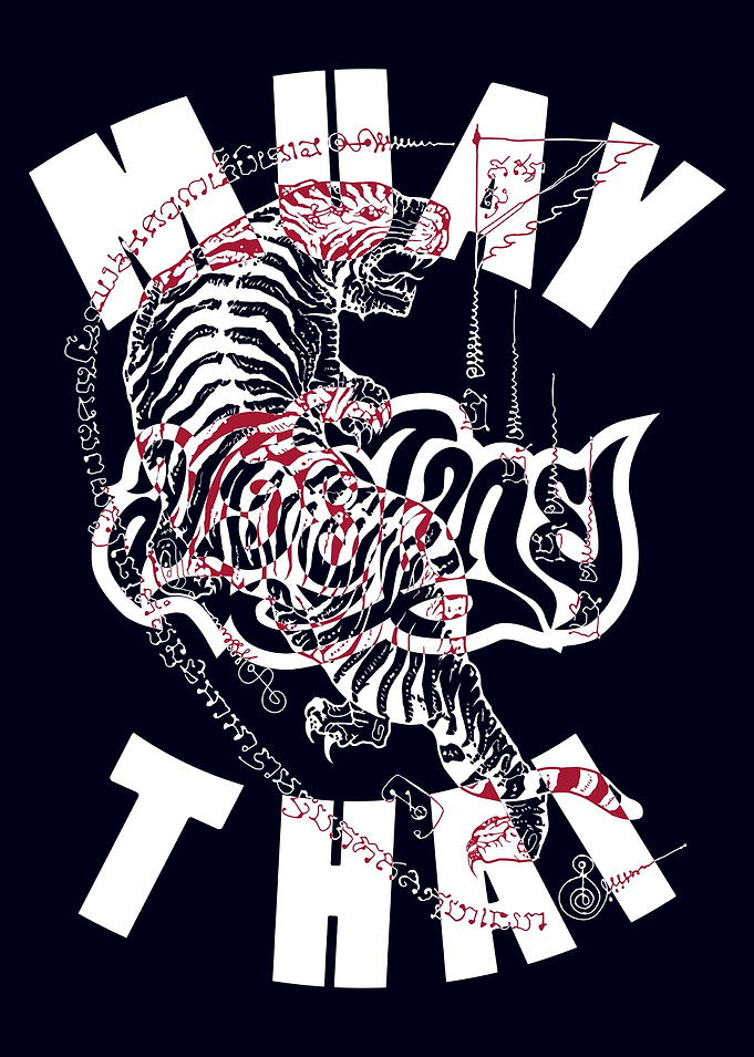 Muay Thai Sak Yant Tiger Red on White