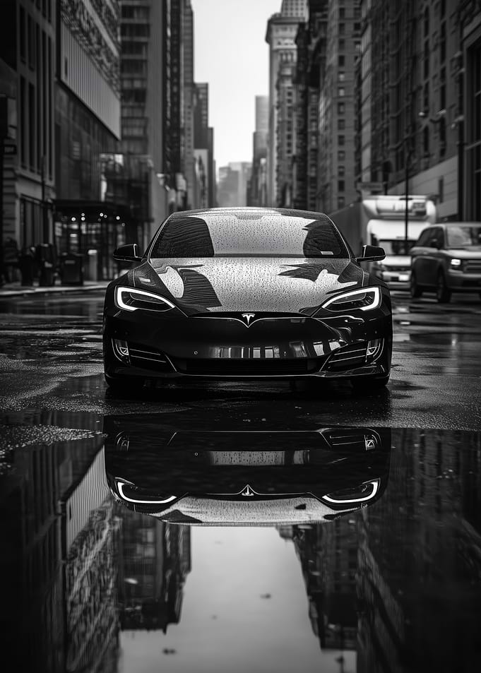 Tesla in City Rain