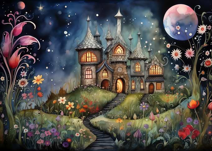 Whimsical Watercolor Enchanted Castle at Night