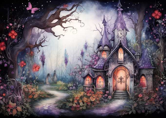 Magical Enchanted Purple Cottage in the Forest