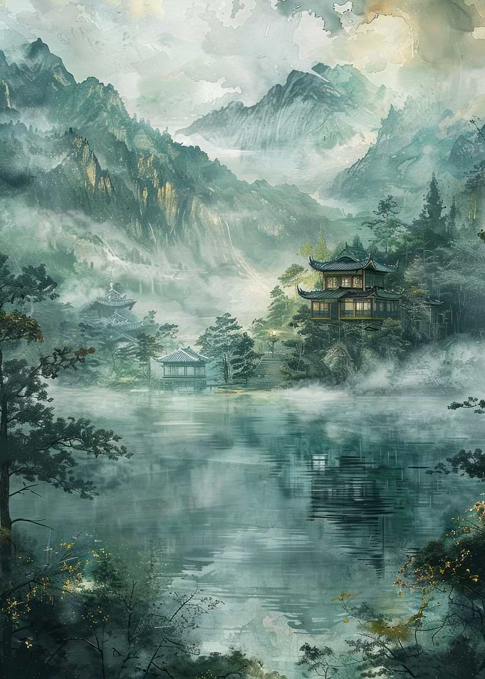 Japanese Art Print, painting of a lake, mountains and clouds, architecture paintings, serene faces, precision painting