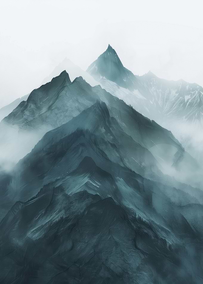 Classical Misty Mountain Peaks. Japanese landscape with mountains, dominant blossom pink tree, and mist. Very clean and light