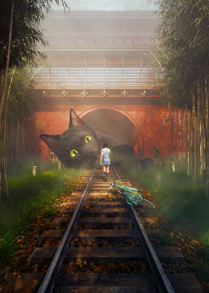 Giant Cat on Train Tracks