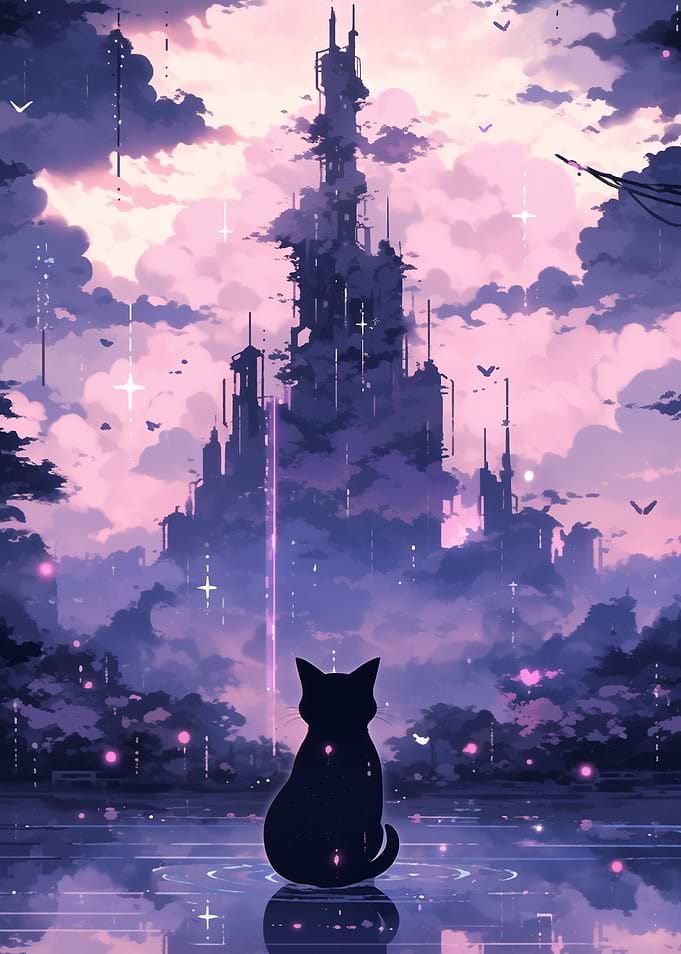 Cat Gazing at Fantasy City