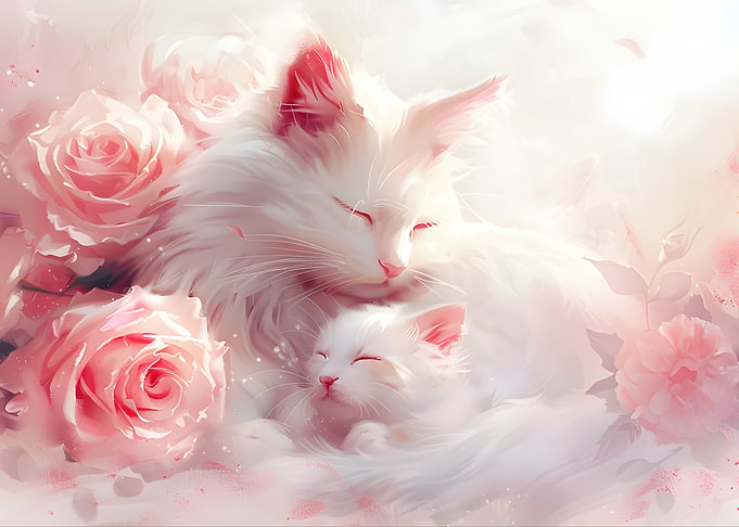 Sleeping White Cats and Pink Roses