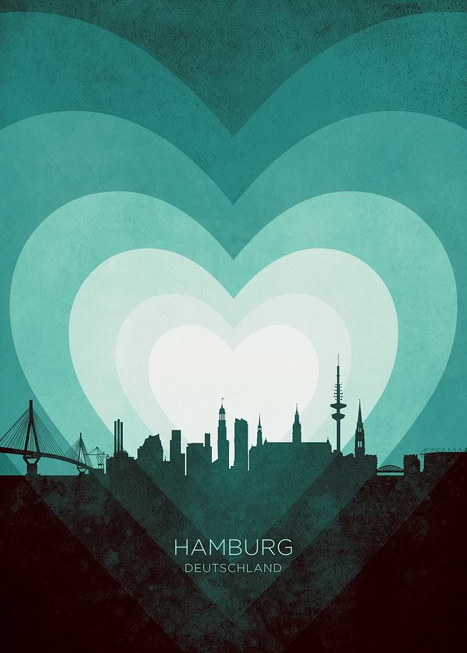 Hamburg Germany Skyline Hearts Teal