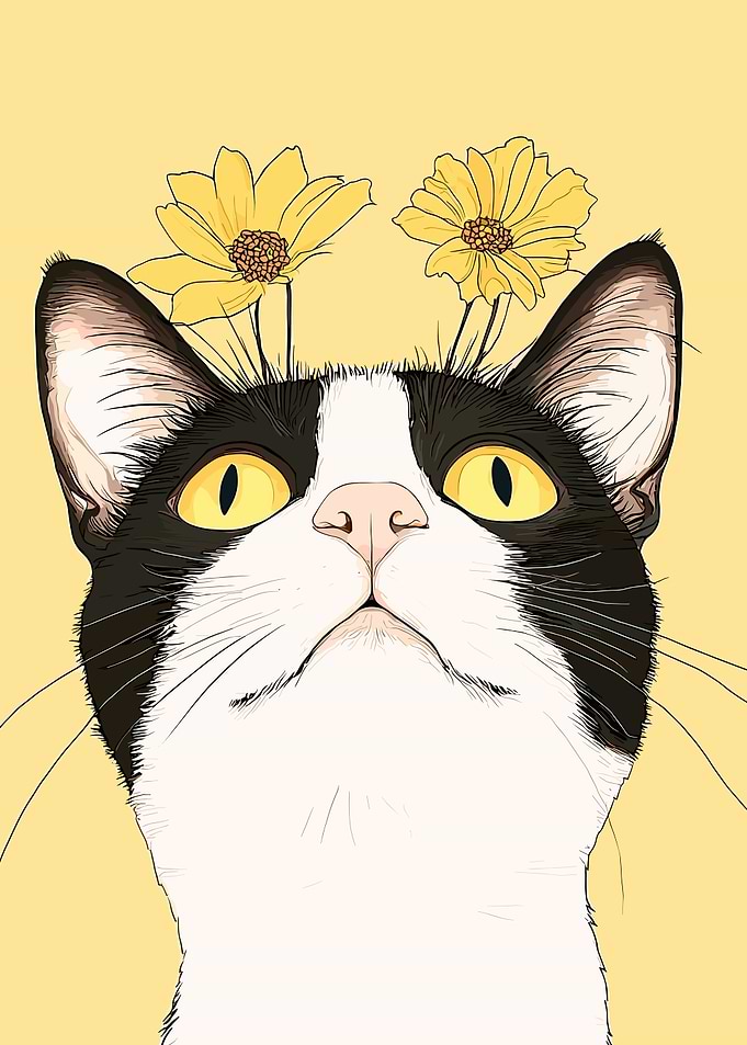 Black and White Cat with Flowers