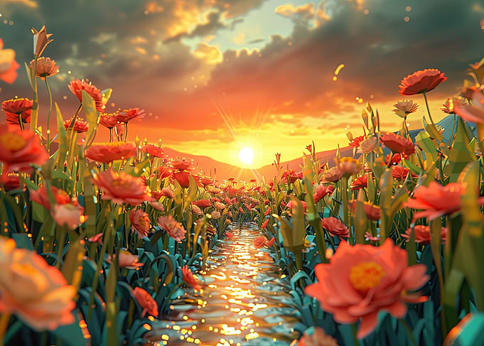 Golden Sunset Creek with Vibrant Blooms