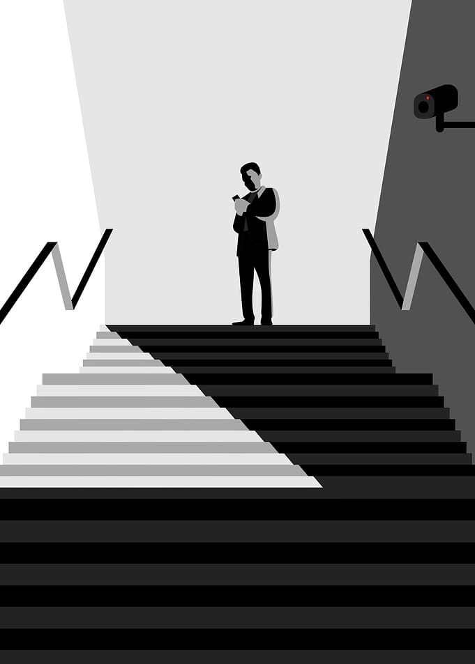 Man on Stairs with Security Camera