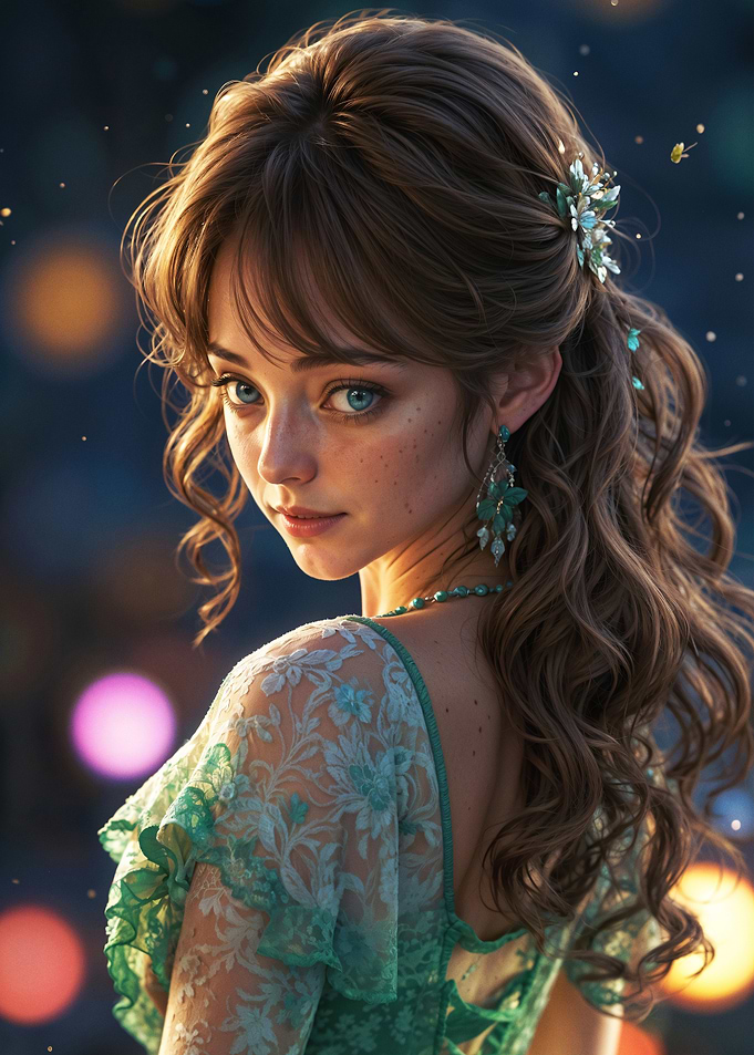 Ethereal Woman in Green Lace Dress with Dreamy Backdrop