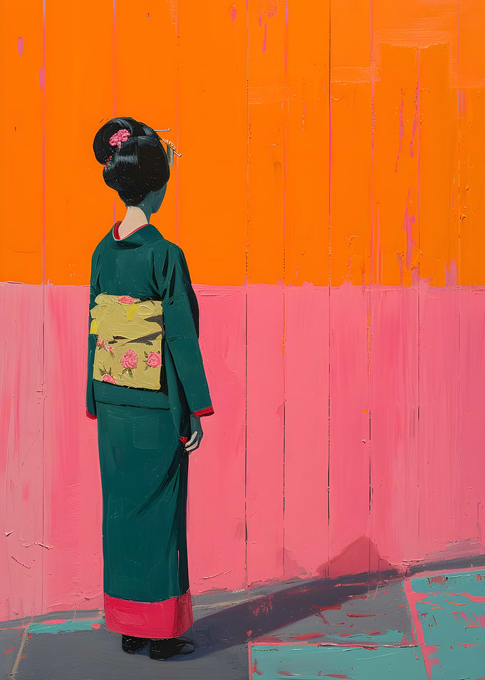 Woman in Kimono Against Pink Wall