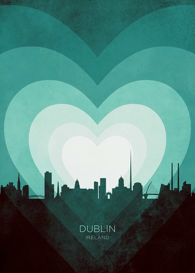 Dublin Ireland Skyline Hearts Teal