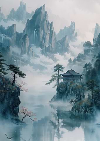 Classical Japanese landscape with mountains, dominant blossom pink tree, and mist