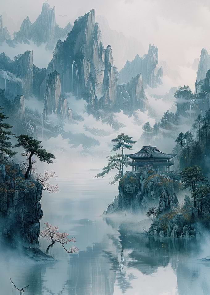 Classical Japanese landscape with mountains, dominant blossom pink tree, and mist