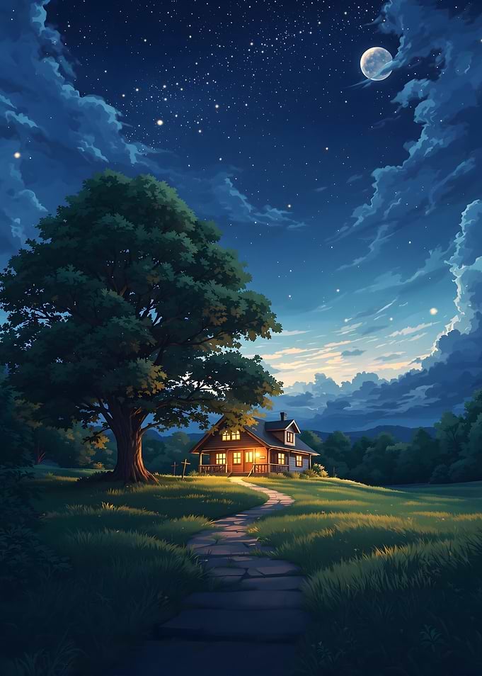 Moonlit Night Cottage