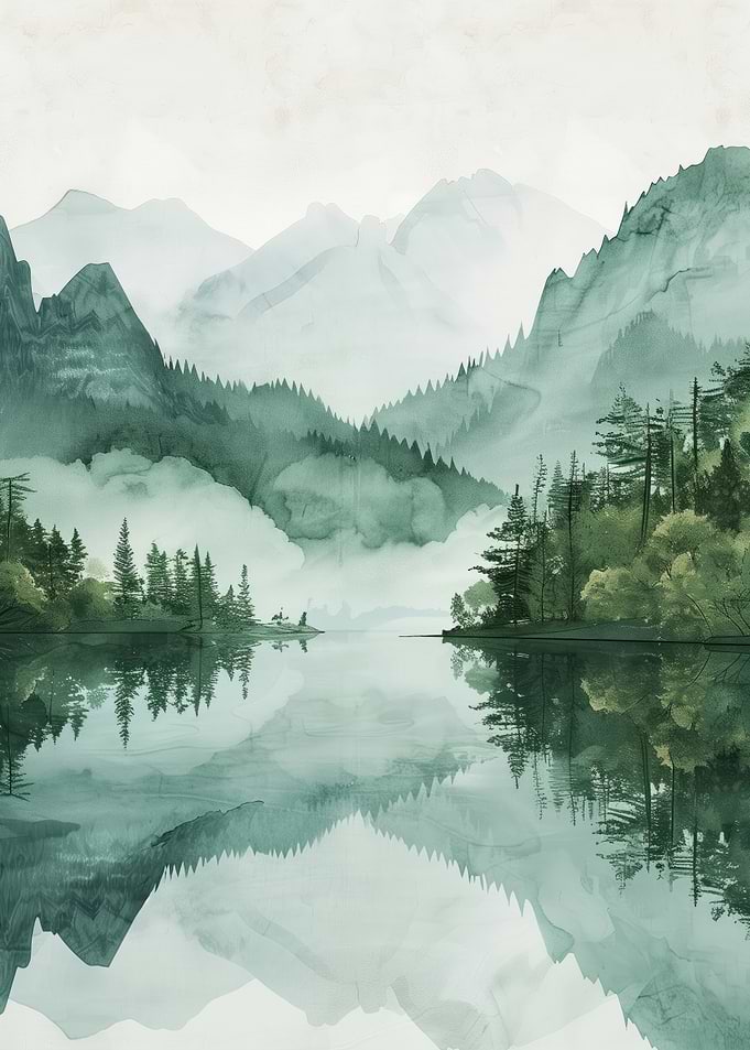 Misty Mountain Lake. Classical Japanese landscape with mountains, dominant blossom pink tree, and mist. Very clean and light