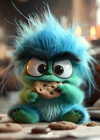 Bob - Cute Fluffy Blue Monster Eating Cookie