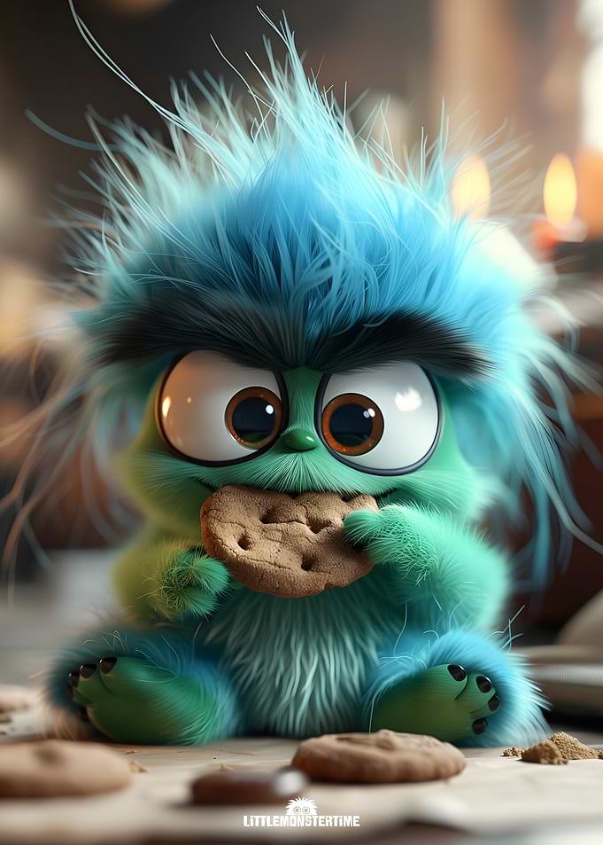 Bob - Cute Fluffy Blue Monster Eating Cookie