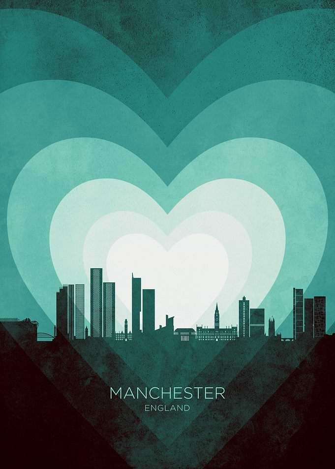 Manchester England Skyline Hearts Teal