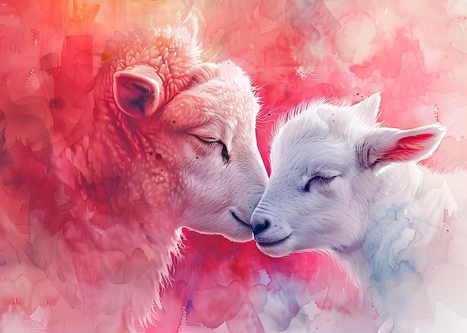 Two Lambs in Pink Watercolor