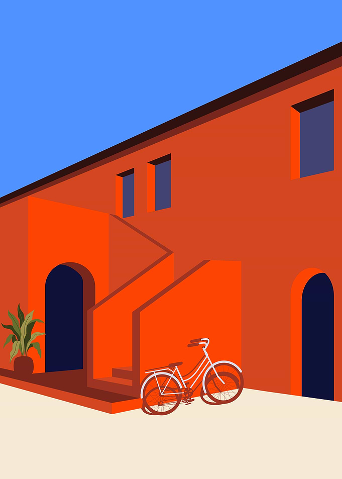 Orange Building with Bicycle