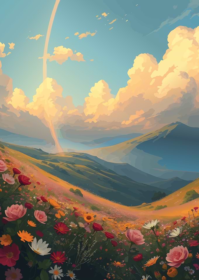 Rainbow Over Flower Field Anime Style