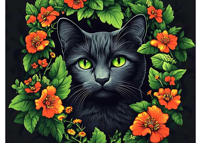 Black Cat in Colorfull Flowers