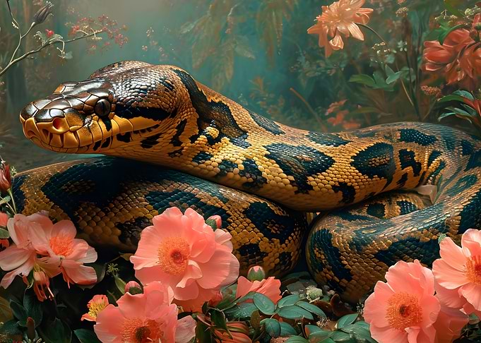 Snake in Pink Flowers