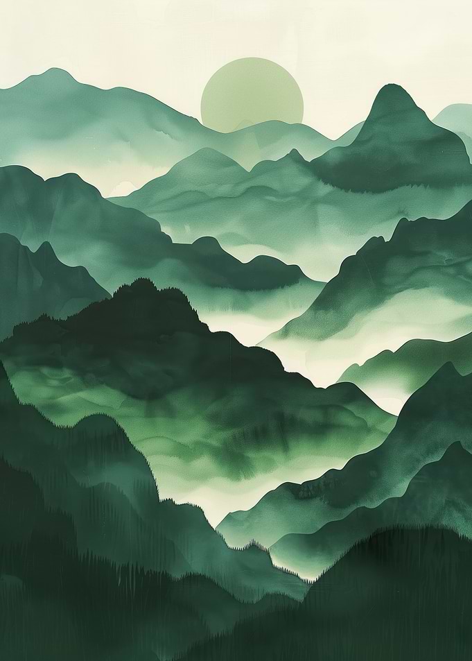 Green Mountain Landscape. Classical Japanese landscape with mountains, dominant mist
