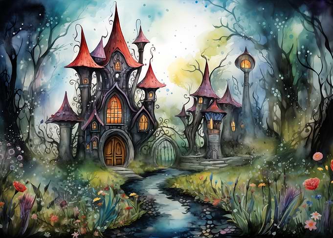 Whimsical Watercolor Enchanted Forest Castle