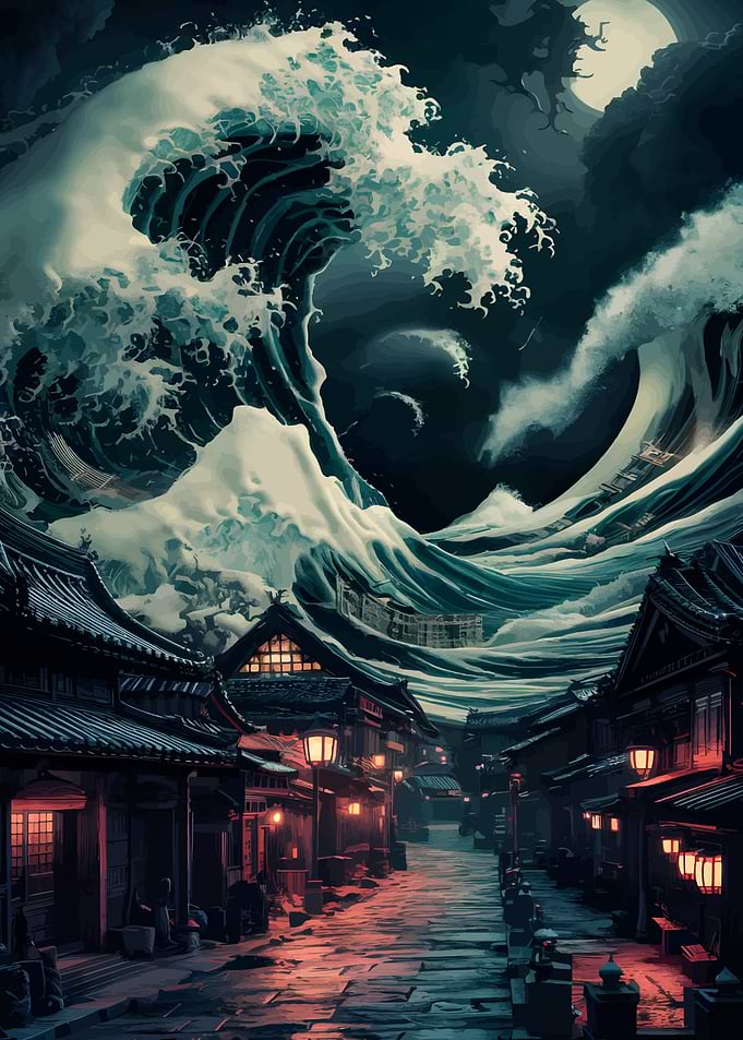 Japanese Village Under Wave