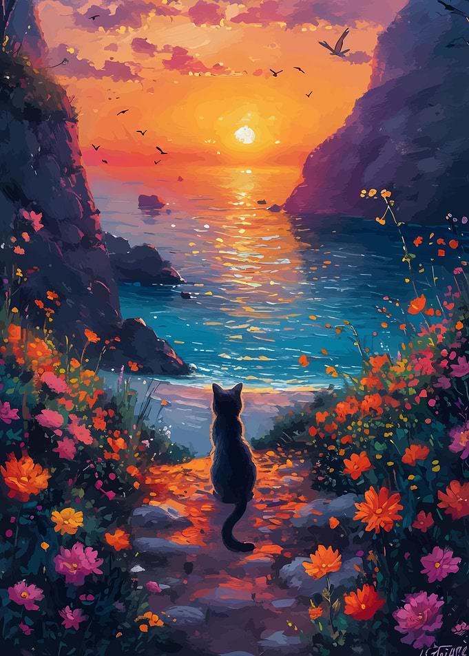 Sunset Cat by the Sea