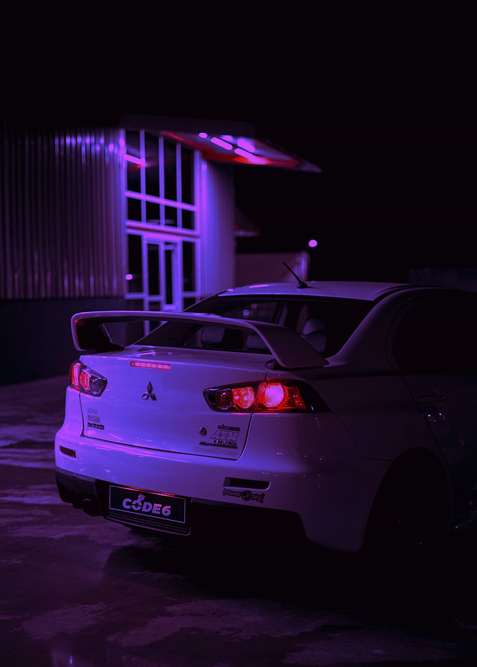 White Mitsubishi Evo Night