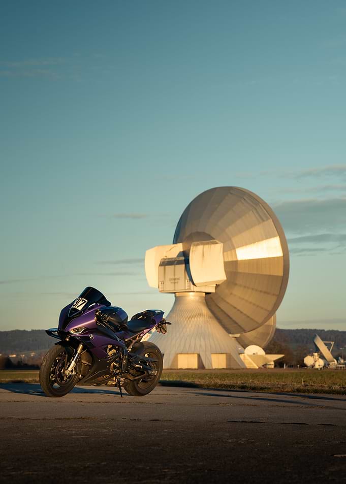 Purple Motorcycle & Satellite Dish