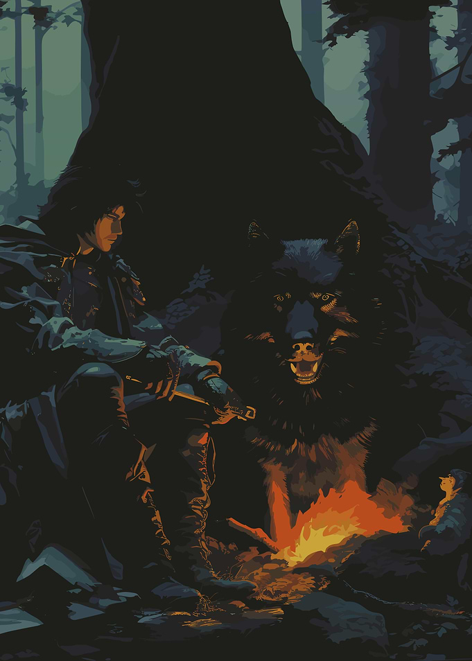 Dark Fantasy Man and Wolf by Fire