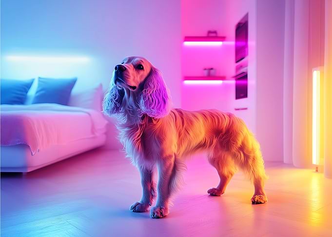 Cocker Spaniel Dog in Neon Lights Bedroom