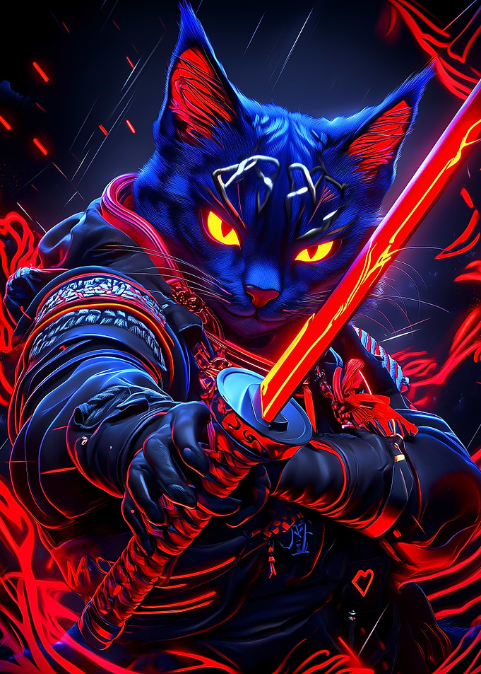 Cyberpunk Cat Russian Blue Samurai Animal