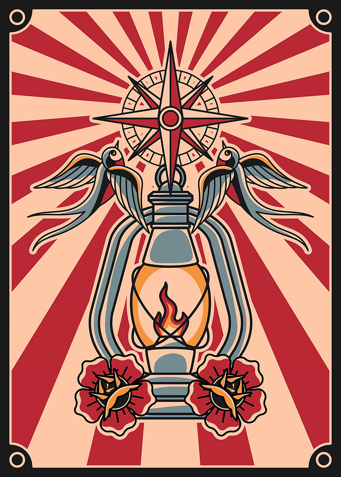 Vintage Lantern & Compass Art