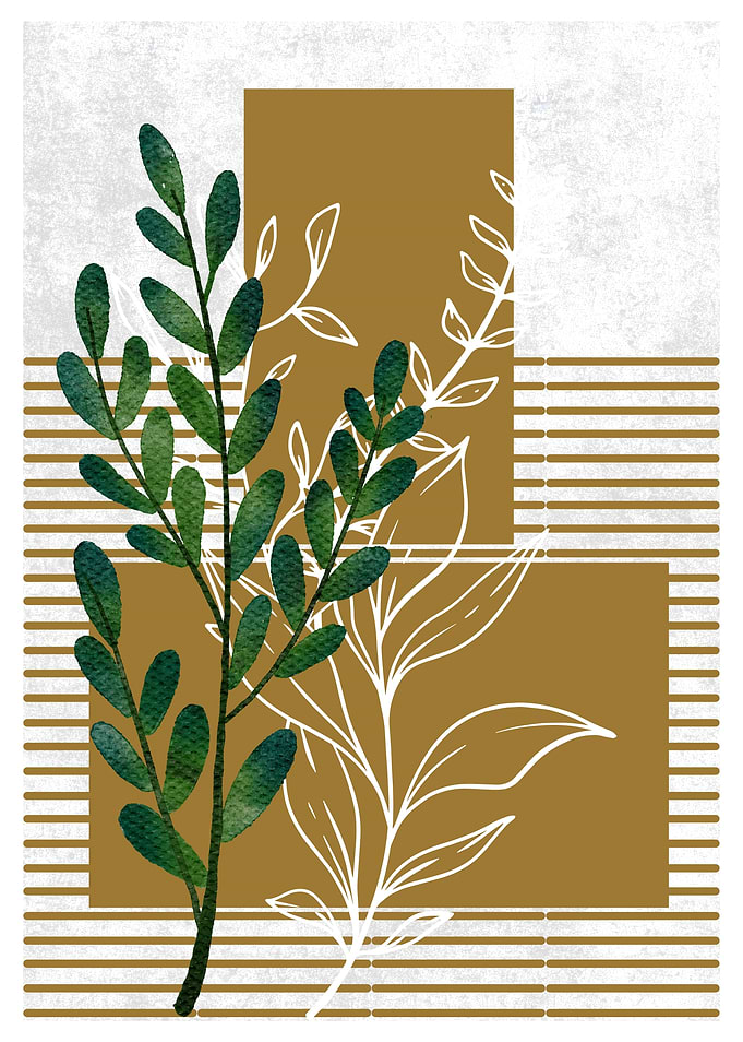 Green Leaves on Mustard Background