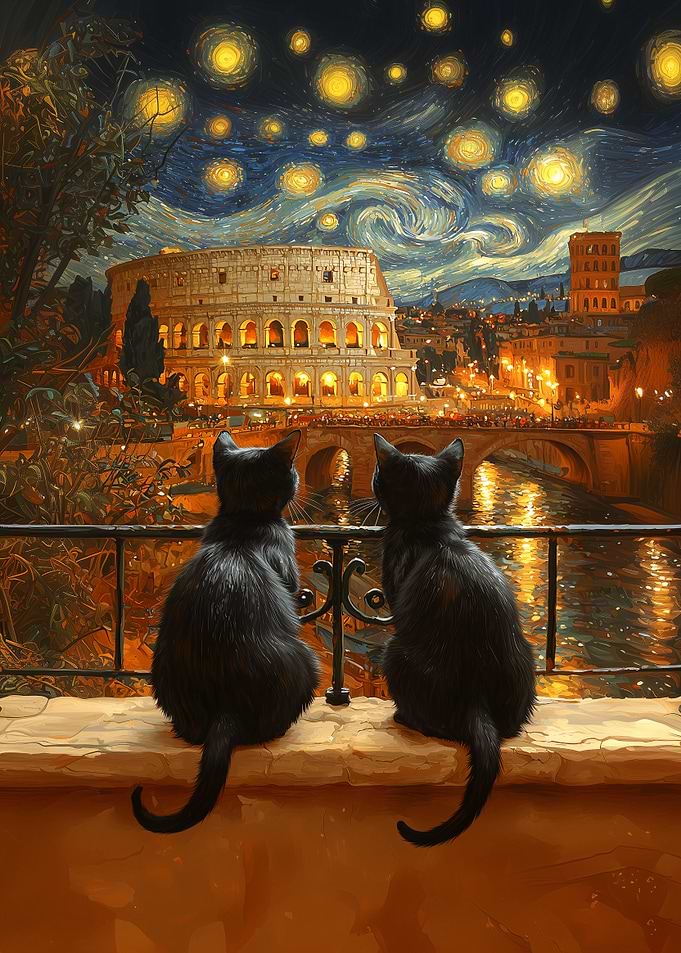 Cats And Colosseum Starry Night