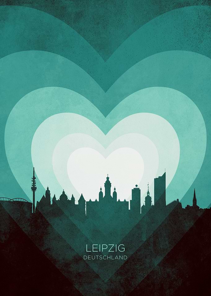 Leipzig Germany Skyline Hearts Teal