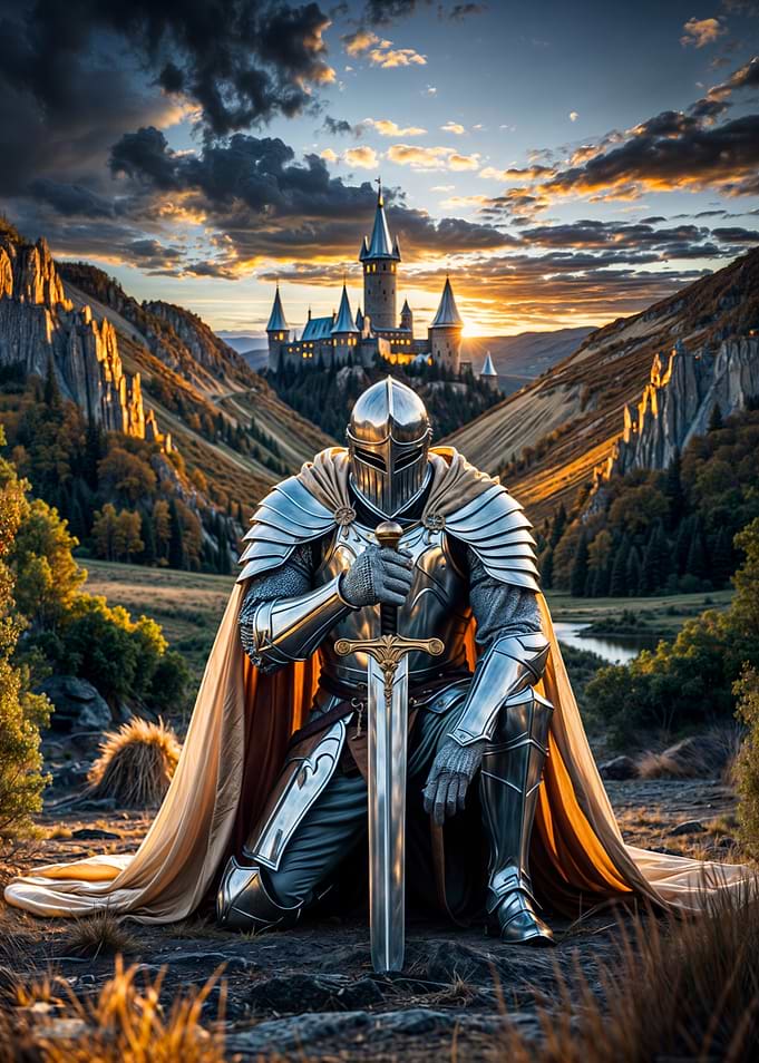 Knight Kneeling Before Castle