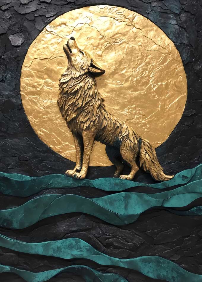 Golden Wolf Howling Under Moonlit Sky